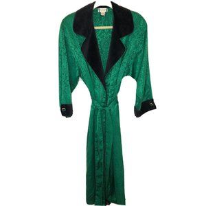 Vintage Victorias Secret Gold Label Paisley Green Satin Robe Velvet Collar Small
